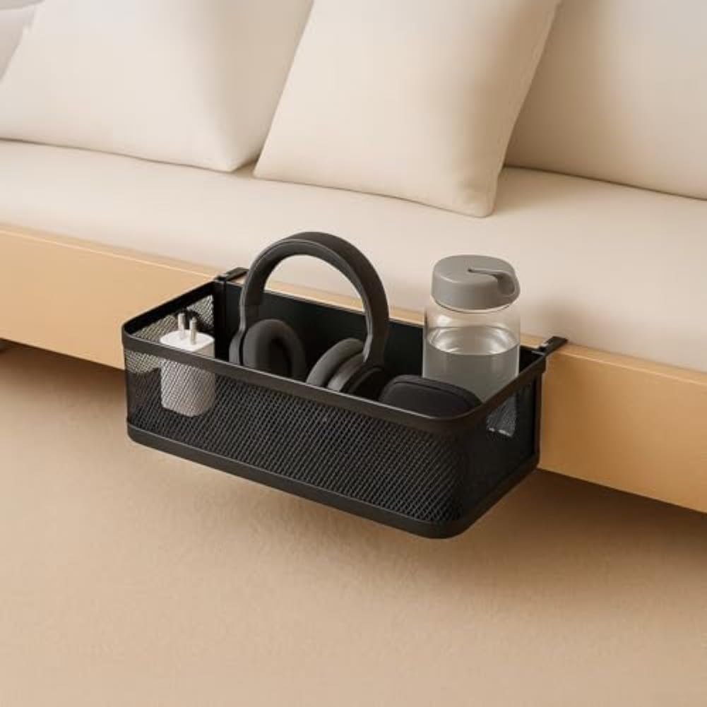 Organiseur de chevet en métal peu encombrant avec panier suspendu pour téléphones, livres, télécommandes et autres éléments essentiels dans les petits espaces de vie (noir)