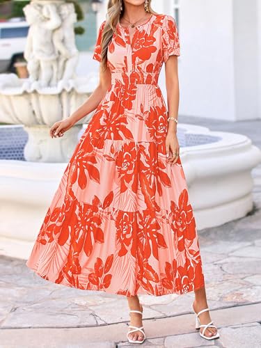 Image of BTFBM Womens Summer Floral Maxi Dresses V Neck Short Sleeve Boho Casual Flowy Long Wedding Guest Dress Beach Vacation