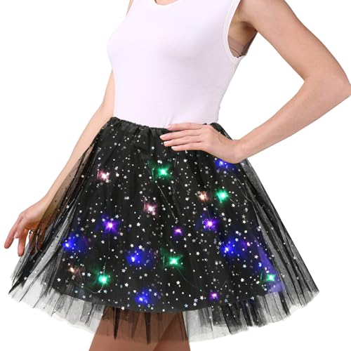 Schwarz Tüllrock Damen, 45cm Sterne Pailletten Tanzkleid, Dehnbaren Minirock Mit LED Lichter, Erwachsene Tütü Rock Ballettrock für Fasching...