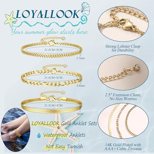 Image of LOYALLOOK Ankle Bracelets for Women Waterproof, 14K Gold Plated Cuban Figaro Link Chain Anklets Non Tarnish, Dainty Layered Anklet Bracelets Adjustable Summer Beach Foot Jewelry