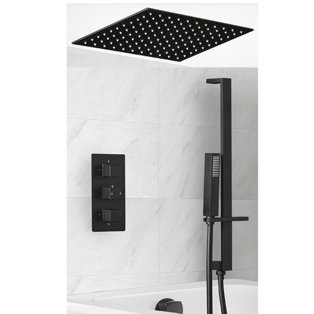 Milano Black Preto Thermostatic Mixer Valve 400Mm Shower Head Handset Riser Rail Bath Filler Tap