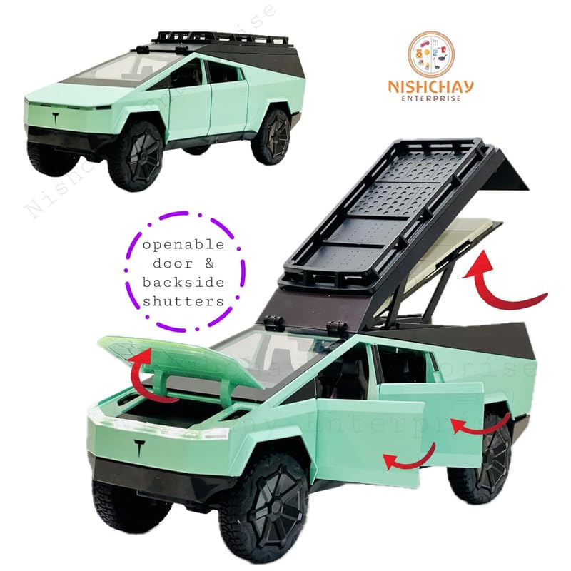Image of Invite Enterprise 1:24 Tesla Cyber Truck Pickup Camping RV Car with Box, Zinc Alloy Pull Back Toy car with Sound and Light for Kids Boy Girl Gift(Colors as Per Stock)