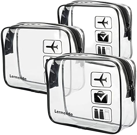 Lermende Pvc TSA Approved Toiletry Bag with Zipper Travel Luggage Pouch Carry On Clear Airport Airline Compliant Bag Quart Sized 3-1-1 Kit Travel Cosmetic Makeup Bags (3Standard Size)