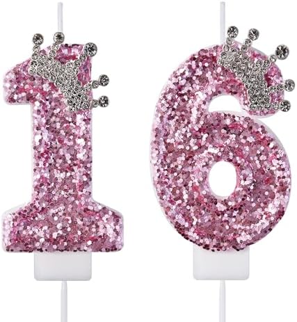 Pink Glitter Number Candles - 16 & 61 Birthday Cake Toppers For Party Decorations