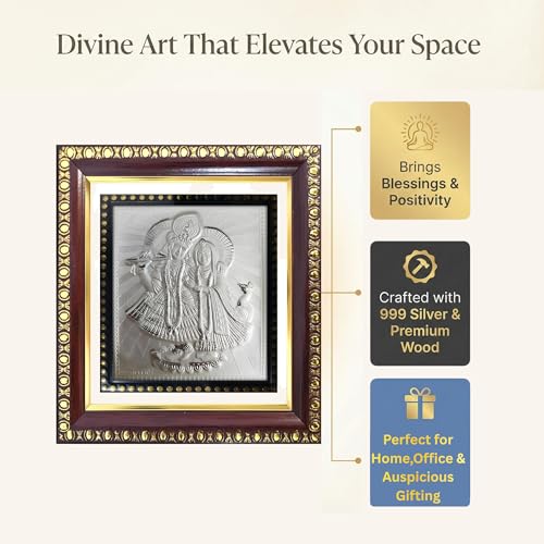Image of ARTSMINE - 999 Pure Silver Radha Krishna Frame - Pure Silver Sheet with Purity Certificate | Pooja Room, Home & Office Decor | Wedding, Corporate & Housewarming Gift | Handcrafted Table Top & Wall Mount - 1 Unit (14 x 12.5 CM / 5.5 x 5.0 Inch)