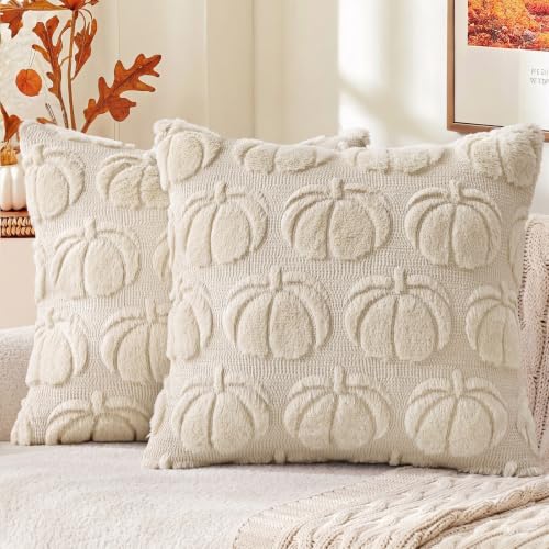 Image of decorUhome Fall Decorative Beige Pumpkin Throw Pillow Covers 18x18 Set of 2, Soft Faux Fur Plush Farmhouse Accent Pillow Cases for Couch Bed Sofa Autumn Harvest Halloween Holiday Home Decor