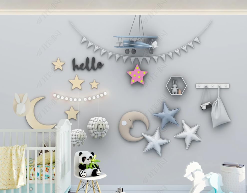 Papier peint intissé lavable avion et étoiles pour grand mur de chambre