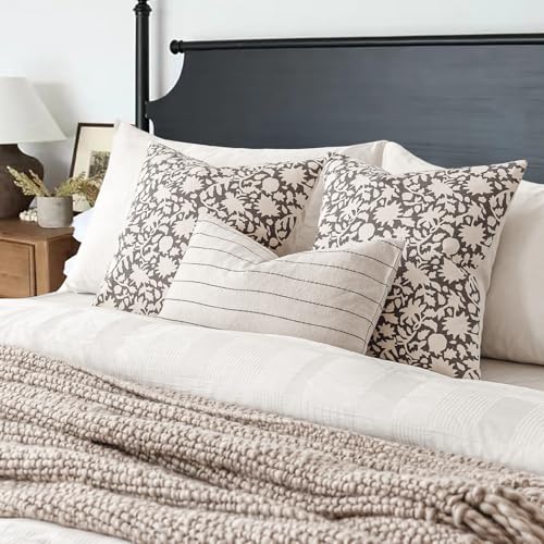 Image of Foindtower Set of 2 Decorative Neutral Floral Throw Pillow Covers Accent Farmhouse Cushion Covers Boho Vintage Pillowcase for Couch Sofa Bedroom Living Room Home Decor,24x24 Inch,Rustic Gray