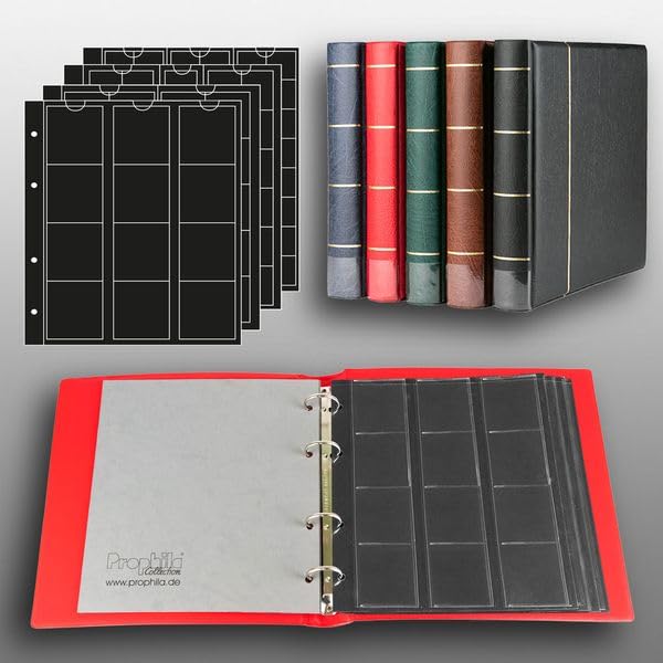 Prophila coin album with 4 Cases (black interleaves) for 110 coins red