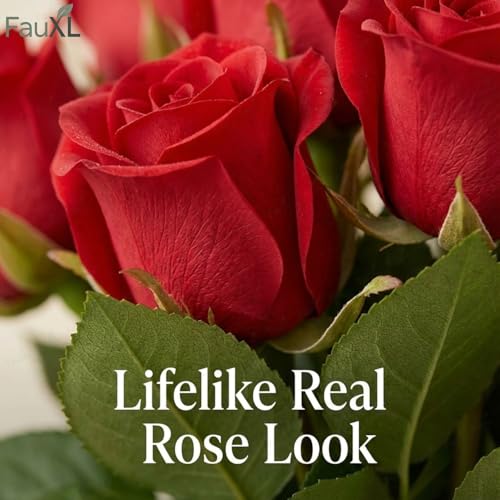 Image of Set of 24 Artificial Rose Flowers Bunches for Vase - Home Decoration Gift Items for Living Room Corner Table Top Bedroom Wedding (Pot Not Included) - 24 CM (Red)