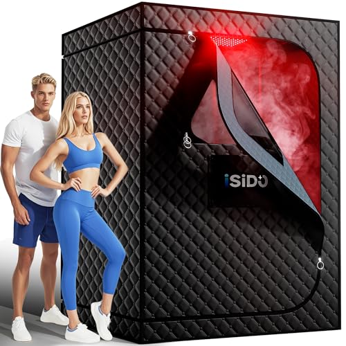 ISIDO Upgraded 2 Person Sauna Portable Infrared Steam Sauna with 660nm Red Light Therapy Panel & 2X 3L 1300W Steamers, 2 Folding Chair, XXXL Sauna Box Sauna Tent Home Sauna, 72'x 50'x 36'