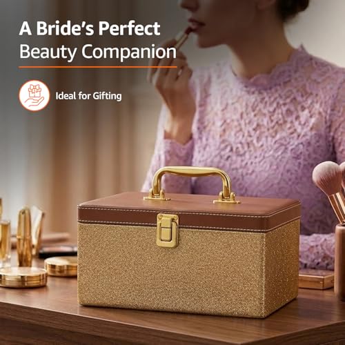 Image of Amazon Basics Bridal Vanity Box - Large Capacity Cosmetic Organizer for Women, Faux Leather & MDF Beauty Case for Makeup, Brushes, and Skincare - Stylish Travel & Home Storage, Golden