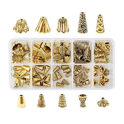 Pandahall 80Pcs Antique Golden Alloy Bead End Cap Tibetan Style Cord End Cone for Tassel Jewelry Making