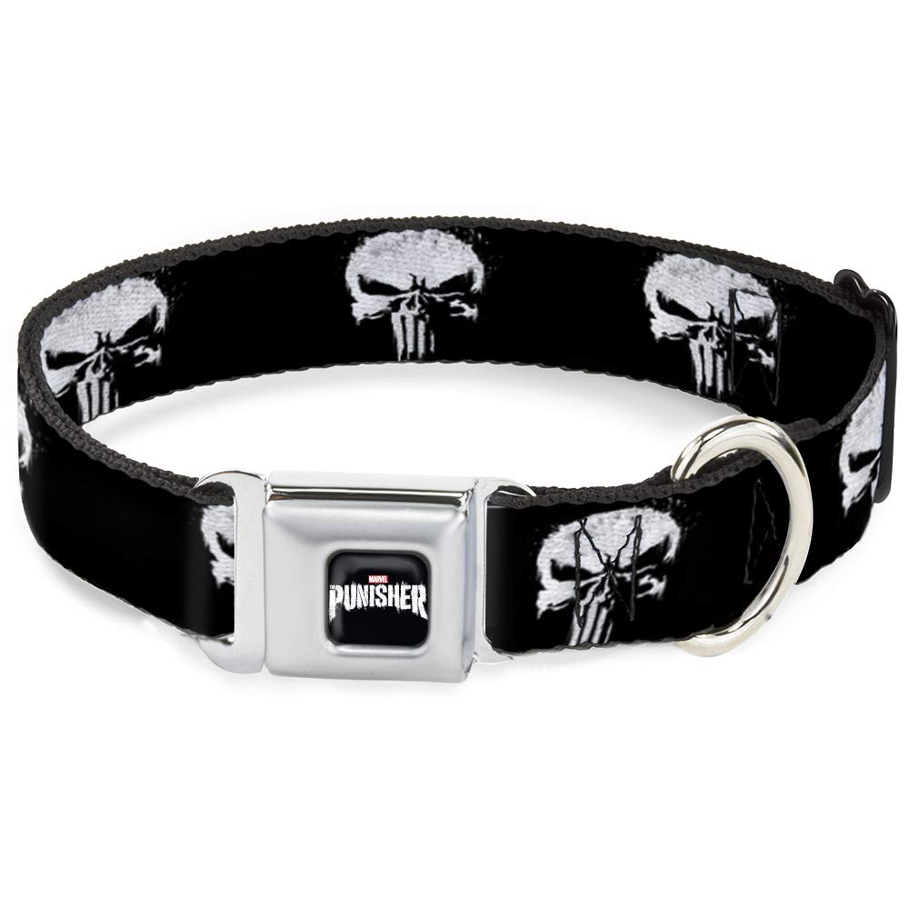 Dog Collar Seatbelt Buckle Punisher 2017 Series Icon Black White 18 to 32 Inches 1.5 Inch Wide, DC-WPS015-WL