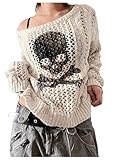 SHENHE Women's Skull Print Hollow Out Loose Knit Goth Grunge Off Shoulder Sheer Sweater Beige Large