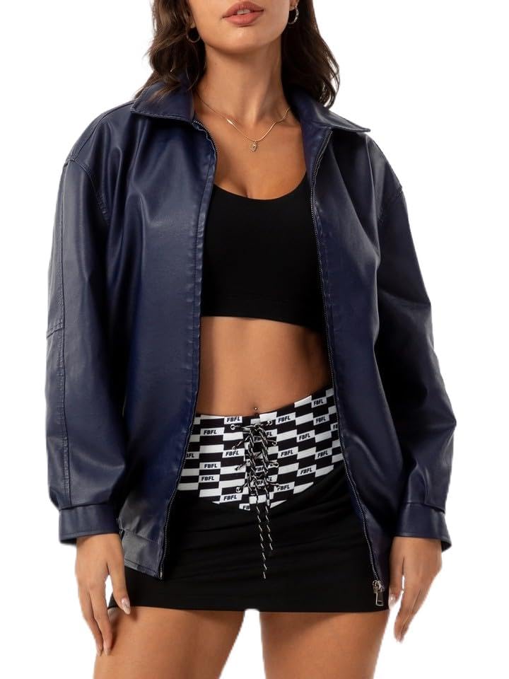 Veste faux cuir femmes bleu foncé coupe ample pour assumer son style sans complexe