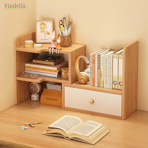 Image of Yindella Multi-Functional Desktop Bookshelf Organizer, Wooden Storage Shelf, Adjustable Office Desk Organizer for Books, Stationery, Space-Saving Home & Office (Desk Bookshelf-01)