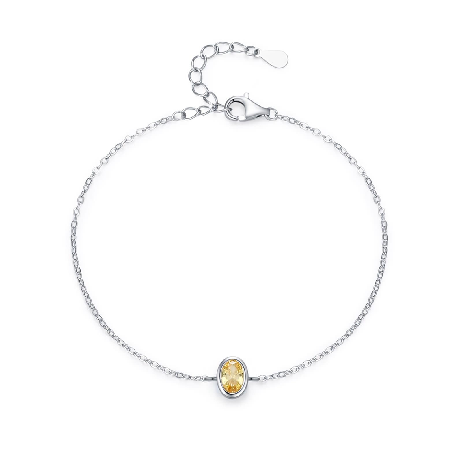 Donna Bracciali Catena Oro Bianco 9 K / 14 K / 18 K 750, Ovale con Citrino da 1 ct, Regolabile 16 CM + 5 CM, Bracciale da Donna Giallo Argento