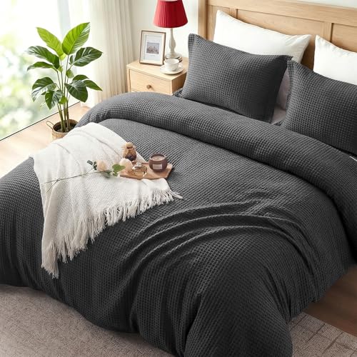Easthome 100% Cotton King Duvet Cover - Waffle Weave Duvet Cover Set for All Season Linen Like Textured Bedding Sets 3 Pcs with 2 Pillow Shams/Gift Bag Zipper 4 Conner Ties Dark Grey