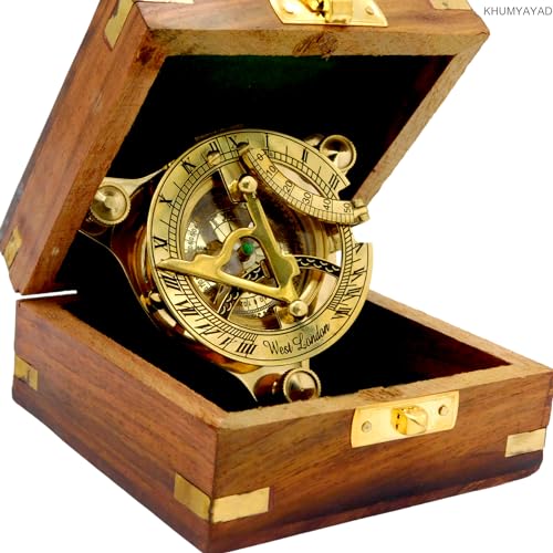 KHUMYAYAD   Brújula de latón. Elegante y tradicional brújula náutica con reloj solar de 7,6 cm fabricada en latón antiguo con exquisita caja de madera.