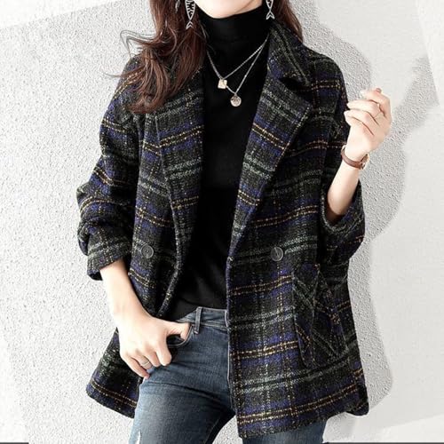 Women's Houndstooth Wool Blend Blazer Lapel Collar Double Breasted Winter Wool Pea Coat Overcoat Work Business Jacket2