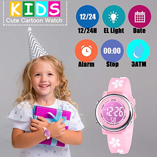 Kids Watch 3D Cartoon Toddler Wrist Digital Watch Waterproof 7 Color Lights with Alarm Stopwatch for 3-10 Year Boys Girls Little Child (Flower Pink)3