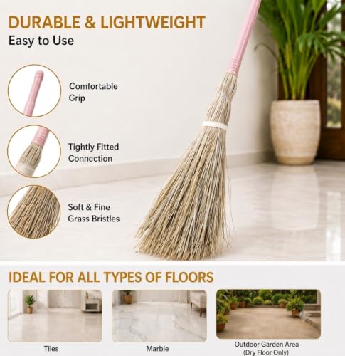 Image of Natural Palm Dry Leaf Broom | Khajur Jhadu Pack of 1 | Eco-Friendly Floor Cleaning Broom Stick | Less Dust /Bhusa | Lightweight Handmade Jhadu for Home, Kitchen, Office & Outdoor | Multicolor