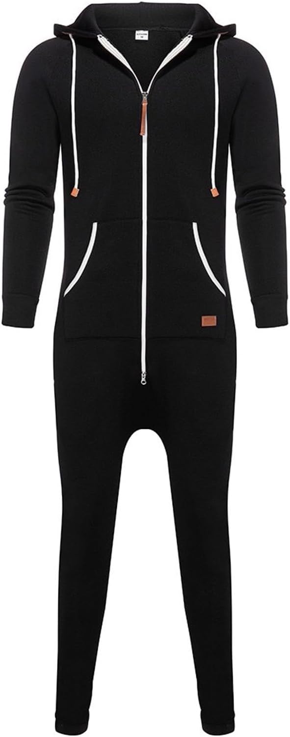 Men's Hooded Jumpsuit Zip Up Long Sleeve One Piece Fleece Lined Onesie Overalls Rompers Outdoor Jogging Sweatsuits