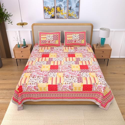 Image of India 100% Pure Cotton Jaipuri Printed Double Bedsheet with 2 Pillow Covers | Traditional Sanganeri Floral Design | Soft Breathable Fabric | King Size Bedsheet for Bedroom (Kaya36)