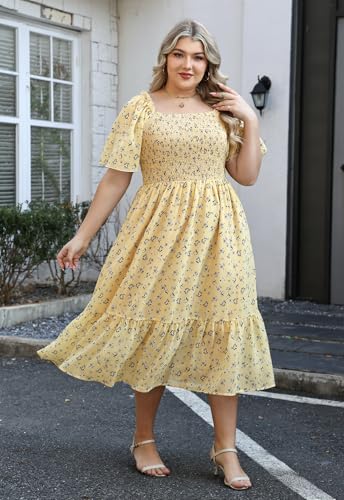 Image of Keluummi Plus Size Wedding Guest Maxi Dresses for Curvy Women, Summer Casual Boho Floral Smocked Empire Waist A Line Sundress