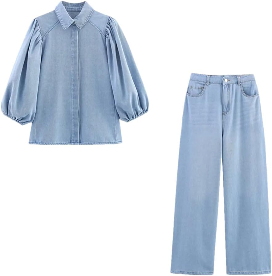 Womens Fashion Denim Suit Long Sleeve Single-Breasted Shirt with High Waist Wide Leg Pants Office Outfit