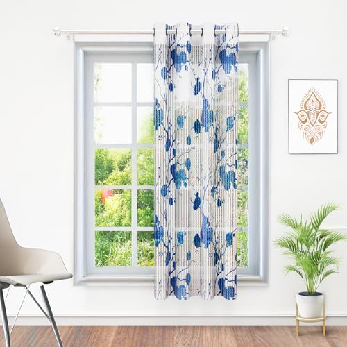 Image of MollisHomes Window Curtains 5 Feet Long Set of 1 | Floral Design | Polyester | Light Filtering Curtains | Curtains for Living Room | 118 x 152 cm, Blue & White Color | Perfect for Home Decor