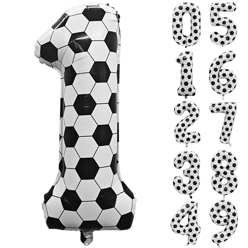 Image of Black White Soccer Number 1 Balloon 1nd Birthday Decoration 40in 1 Balloon | Helium Foil Mylar Balloon World Cup Football Sports Theme Favors for Birthday Party Anniversary Decorations Supplies