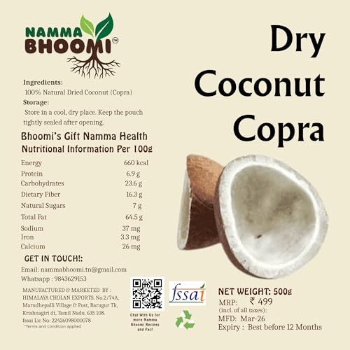 Image of Namma Bhoomi Dry Coconut Copra, 100% Natural Sun Dried, Rich Flavor, Perfect for Cooking & Sweets, 500g