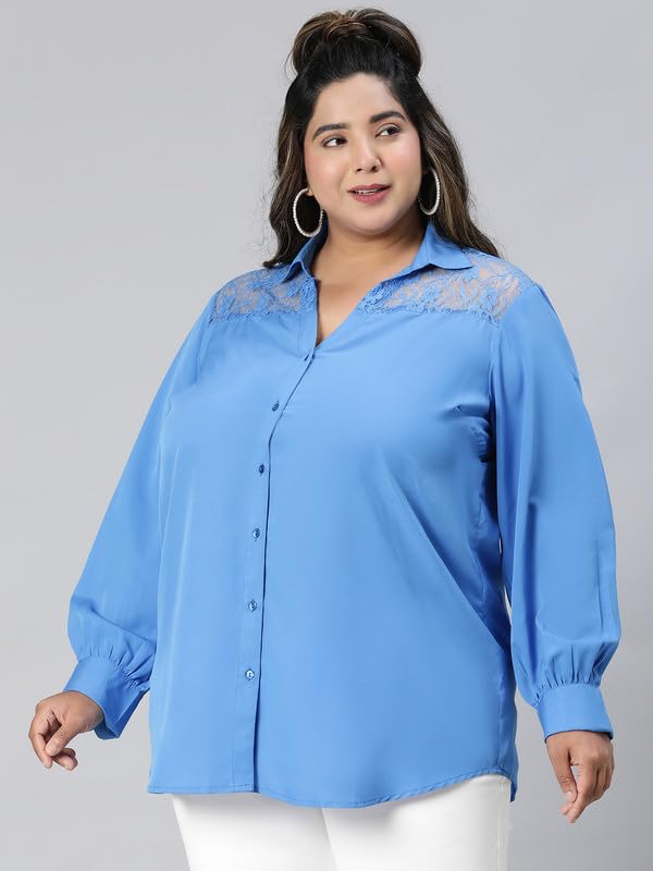 Image of oxolloxo Women Plus Size lace Detailed Collared Long Sleeve Shirt