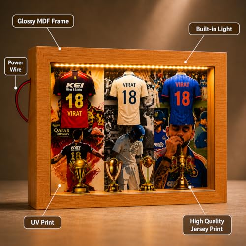 Image of #18 Cricket Jersey Shadow Box Frame with LED Light | RCB Cricket Fan Gift | Sports Display Box for Gaming Room & Bedroom Decor | Cricket Gifts for Men (Virat Kohli)