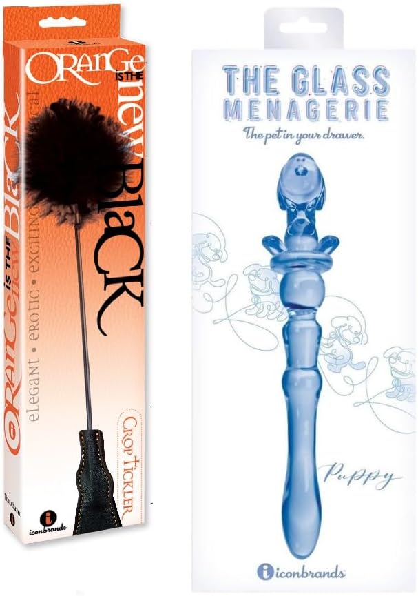 Adult Sex Toy Bundle of Orange is The New Black, Riding Crop & Tickler and Icon Brands Glass Menagerie Puppy Dildo - Blue