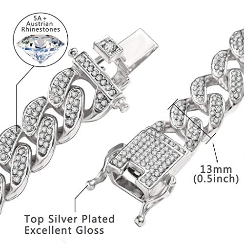 Wealthmao 13Mm Cuban Link Chain For Mens Women Heavy Strong Necklaces Chains Iced Out Miami Curb Chain Bling Bling Hip Hop Necklace Chain Silver Plated Rhinestone Cz Clasp Jewelry Choker Chain 18" #TOP1