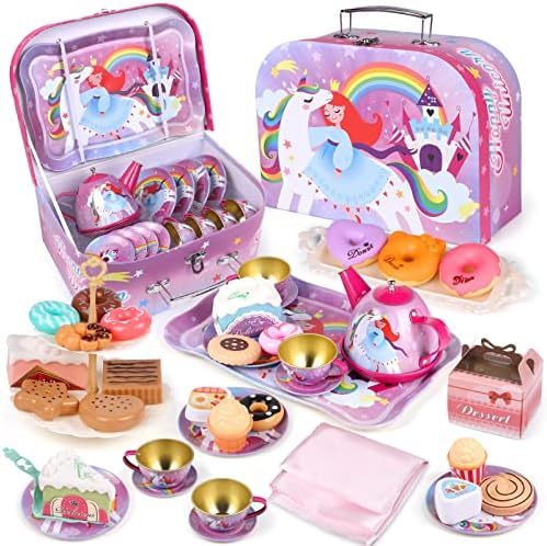 41pezzi Set da tè Gioco per Bambini con Dessert Donuts Giocattolo Valigetta Lattina Teiera Unicorno Principessa Set da tè Giochi d’imitazione Unicorno Compleanno Regalo per Bambina 3 4 5 6 7 8 Anni