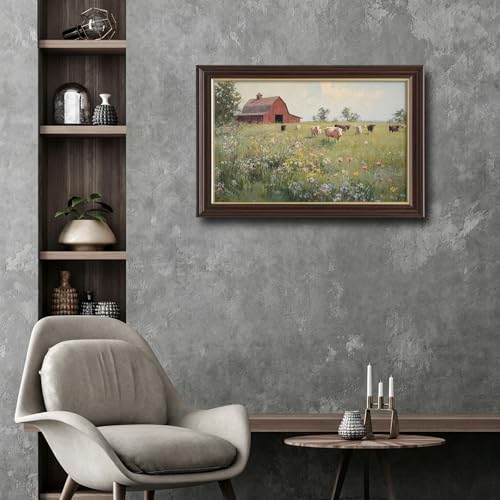 Image of Framed Vintage Cow Farm Canvas Art, Red Barn Meadow Cattle Oil Painting Canvas Prints Pictures, Rustic Farmhouse Wall Decor for Living Room Bedroom Farmhouse Home