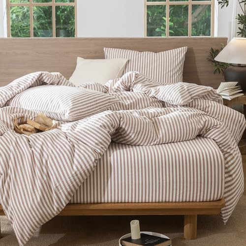 Image of MooMee Striped Duvet Cover Set 100% Washed Cotton Linen Like Full | Relaxed Linen-like Texture. Soft, Breathable & Long-lasting Comfort. Lightweight. Hidden Zipper with 8 Interior Corner Ties