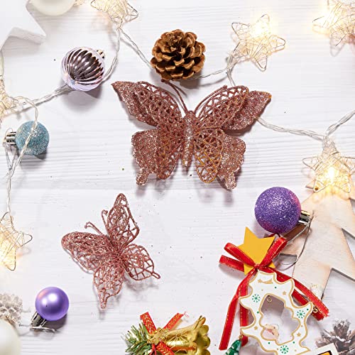 16 Pcs Glitter Christmas Tree Butterfly Ornaments, 2 Styles Hollow Butterfly Christmas Decorations With Clips, Artificial Butterfly Ornaments Decoration For Christmas Tree, Holiday Crafts - Rose Gold #TOP4