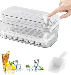 2 Forma de Gelo com Tampa 64 Cubos Bandeja Organizadora com Colher Livre de BPA Ideal para Drinks Bebidas e Uso Diário (Branco)