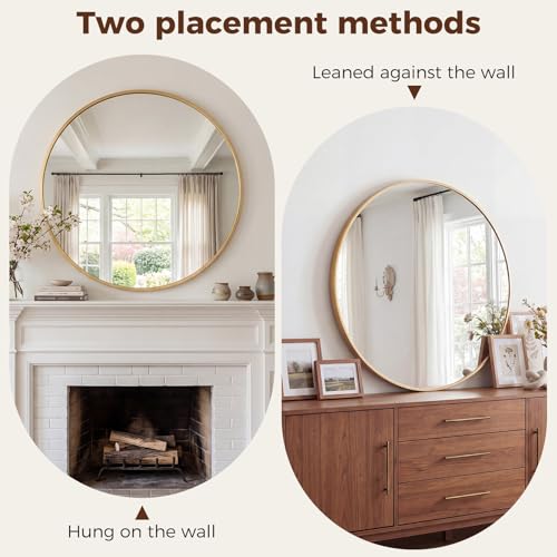 Image of Sweetcrispy 24 Inch Round Wall Mirror, Bathroom Mirrors for Over Sink, Matte Metal Framed Circle Vanity Mirror, Wall Decor for Bedroom, Entryway, Anti-Rust, Tempered Glass, Hanging or Leaning, Gold