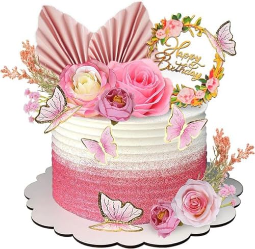 17pcs Pink Flower Butterfly Cake Decoration, Rose Cake Topper Butterfly Cake Decoration for Mather Women Girls Birthday Supply