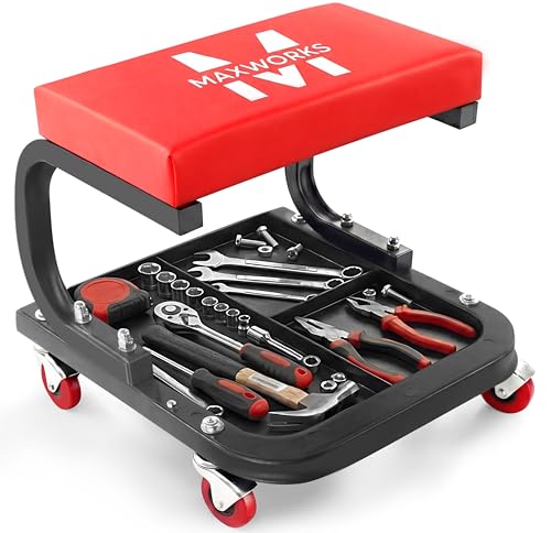 MaxWorks Mechanics Roller Seat - Heavy Duty 250 lb Capacity Rolling Creeper Stool with Padded Seat & 3-Section Tool Tray for Garage & Auto Repair (50875)