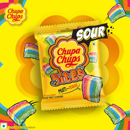 Image of Chupa Chups, Sour Bites, Mixed Fruit Flavour, Soft & Chewy Toffee Pack, 492.8 g [Pack of 16]