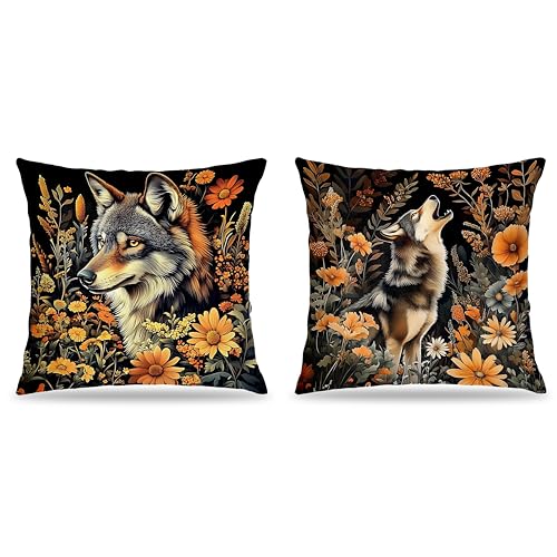FITIE William Morris Inspired-Floral Wolf Pillow Covers 18x18 Set of 2, Dark Cottagecore Decor, Moody Floral Botanical Mysterious Grey Wolf Wild Animal Decor Pillow Covers for Home Living Room Bedroom