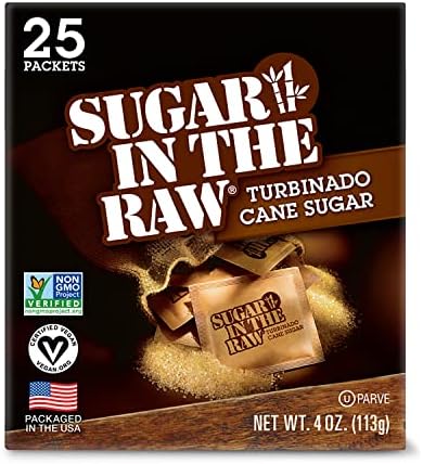 Sugar In The Raw Granulated Turbinado Cane Sugar On The Go Packets, Pure Natural Sweetener, Hot & Cold Drinks, Coffee, Cooking, Baking, Vegan, Gluten-Free, Non-GMO, 25 Count Packets (1-Pack)