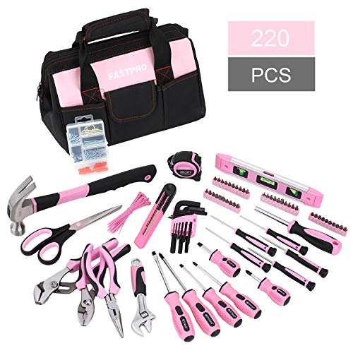 FASTPRO Pink Tool Set, 220-Piece Lady's Home Repairing Tool Kit with 12-Inch Wide